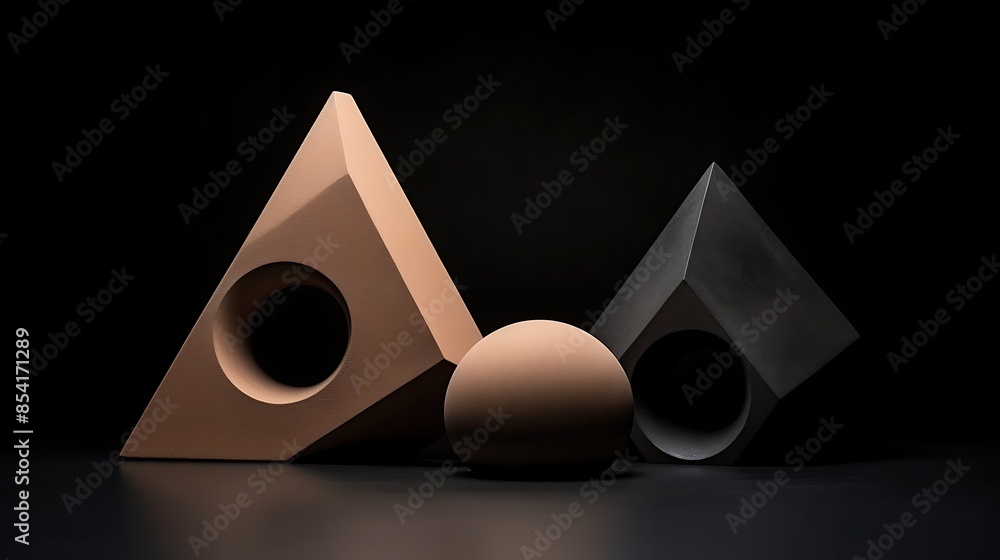 Aufkleber 3d rendering of a still life with a sphere and two pyramids on a dark background.