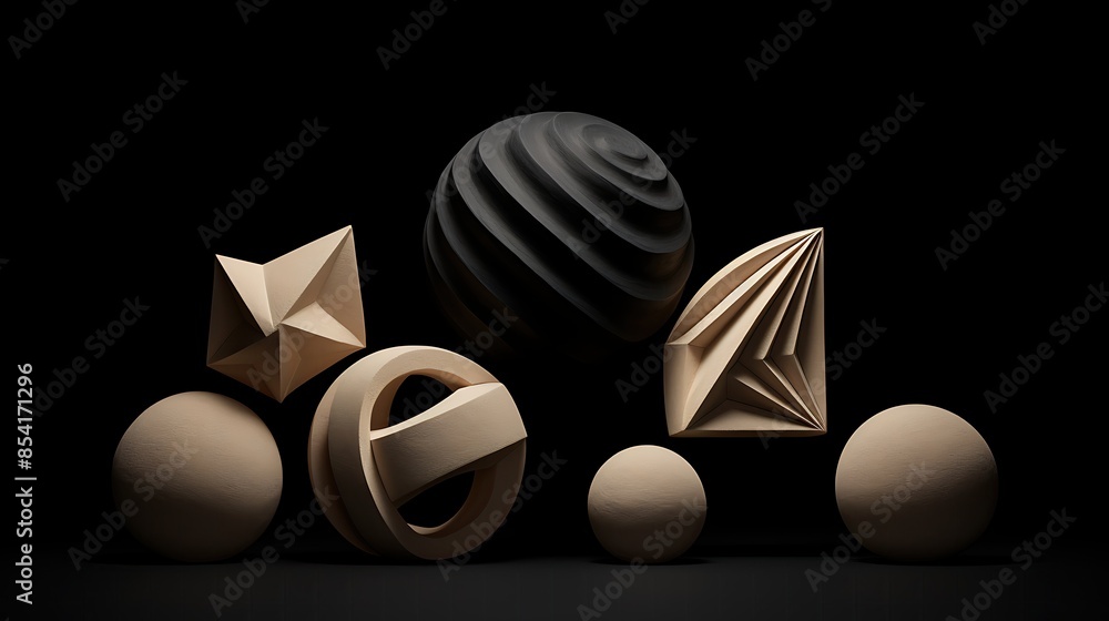 Poster this is a 3d rendering of a variety of simple geometric shapes.