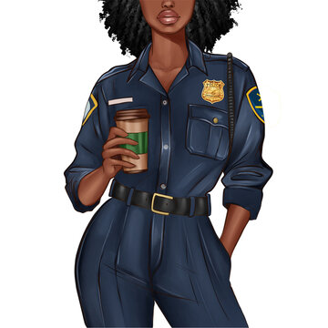 AFRO AMERICAN NEW YORK POLICE DEPARTMENT ILLUSTRATION OF A POLICEWOMAN IN BLUE POLICE UNIFORM 