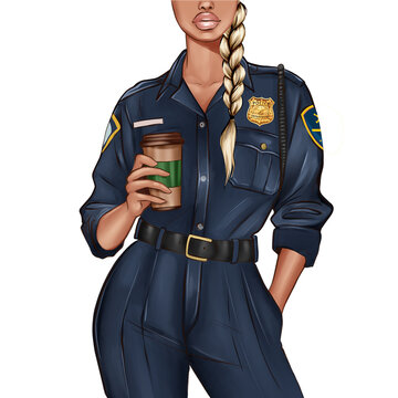 AFRO AMERICAN NEW YORK POLICE DEPARTMENT ILLUSTRATION OF A POLICEWOMAN IN BLUE POLICE UNIFORM 