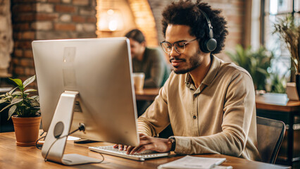 male employee attending online course on computer, remote education modern work environment