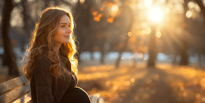 Serene pregnant woman sitting on a park bench during a sunset, with golden light