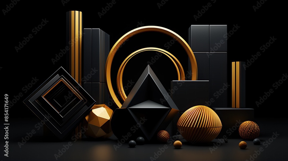 Poster 3d rendering of a black and gold geometric shapes. the image has a luxurious and elegant look and fe