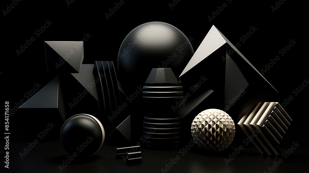 Poster 3d rendering of a variety of black and metallic geometric shapes on a black background. the shapes a