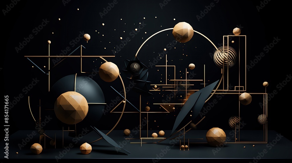 Poster 3d rendering of a futuristic, abstract composition with floating geometric shapes in black and gold 
