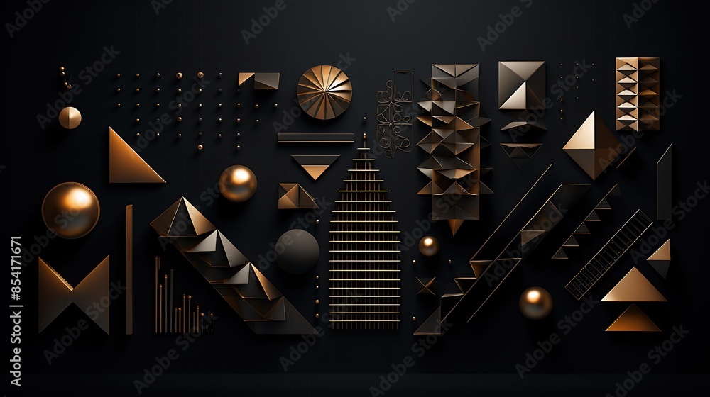 Poster abstract background with geometric shapes in black and gold. 3d rendering illustration.
