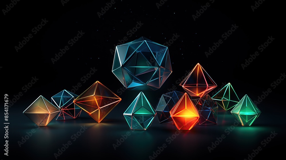 Poster 3d rendering of a group of glowing geometric shapes. the shapes are made of glass and have a variety
