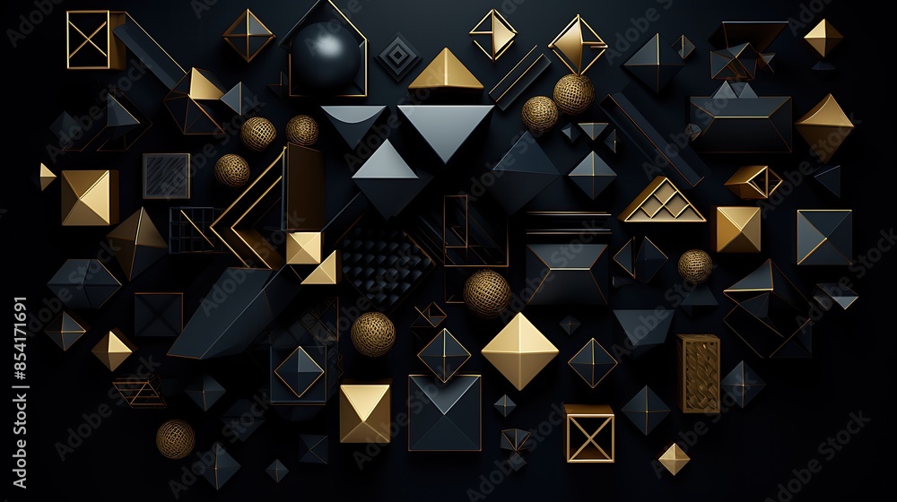 Poster abstract 3d rendering of geometric shapes in black and gold. futuristic background with pyramids, sp