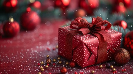 A beautifully wrapped Christmas gift with red and gold decorations suggesting holiday cheer and giving