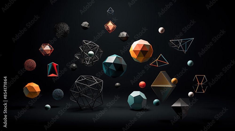 Poster 3d rendering of a variety of geometric shapes. the shapes are arranged in a seemingly random order a