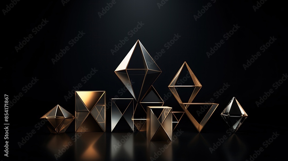 Poster 3d rendering of a group of geometric shapes in black and gold.