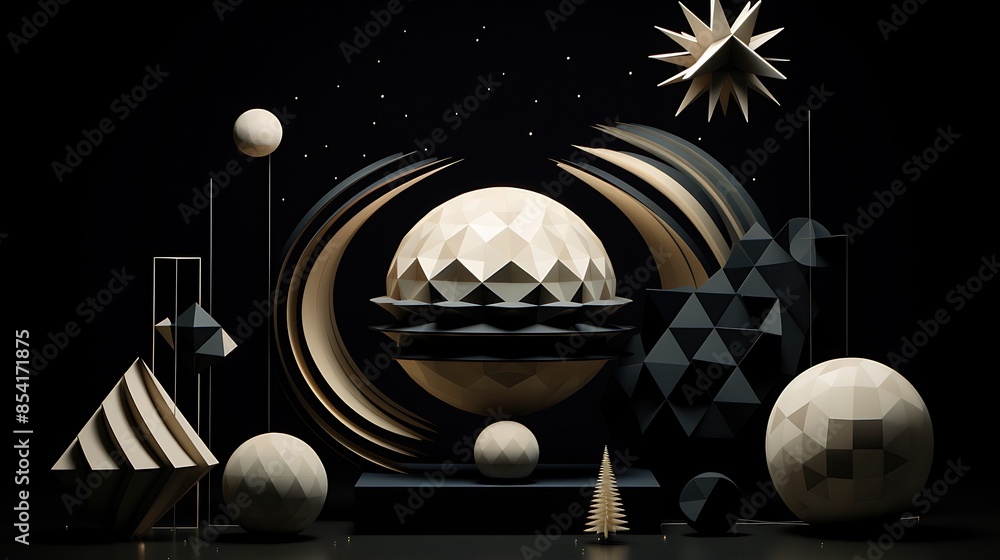 Poster 3d rendering of a geometric composition with a large sphere in the center and various other shapes a