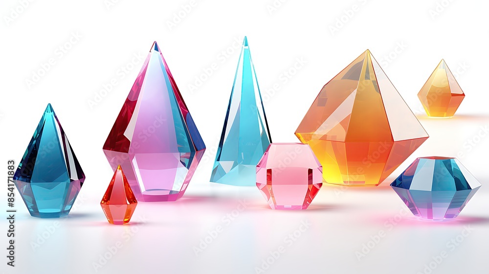 Poster 3d rendering of colorful crystal pyramids and diamonds on a white background.
