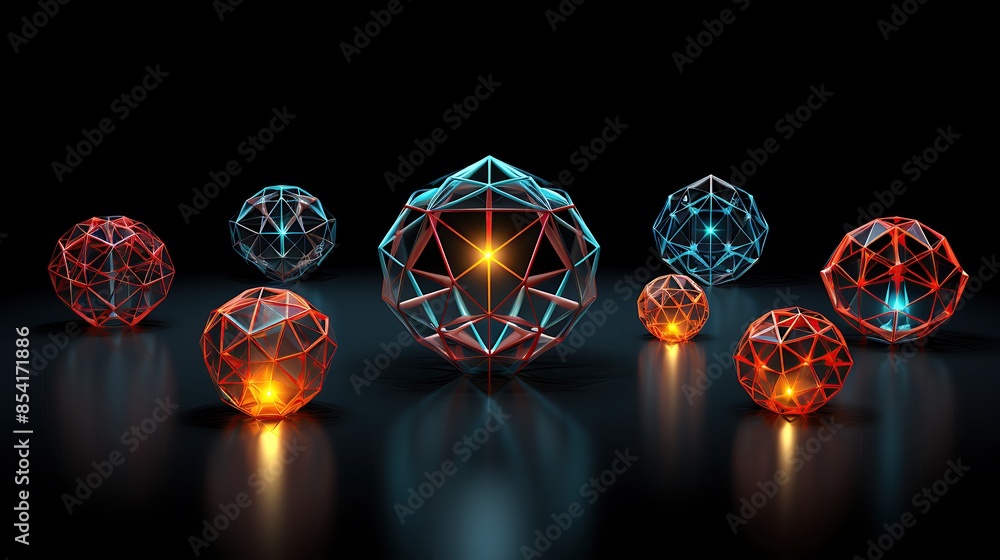 Poster 3d rendering illustration of a futuristic glowing low poly sphere with glowing edges. abstract geome