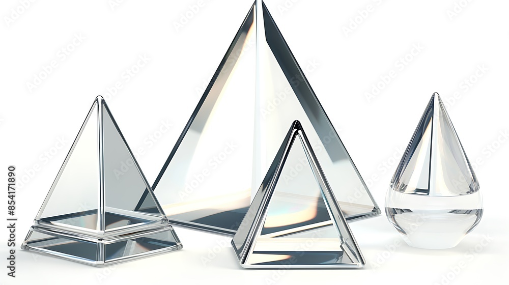 Poster 3d rendering illustration of a group of crystal pyramids and a sphere on a white background.