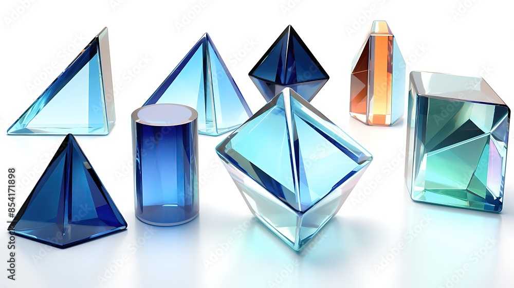 Poster 3d rendering of a set of glass geometric shapes in various colors on a white background. the shapes 