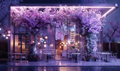 A modern cafe with a facade of light purple sakura blossoms, very fluffy and dreamy, located in fairyland