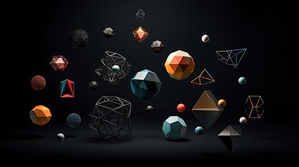 3D rendering of a variety of geometric shapes. The shapes are arranged in a seemingly random order and are lit by a single light source.