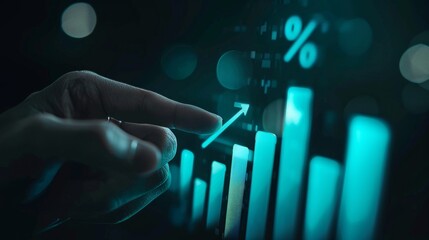 Golden Growth Hand Pointing to Rising Bar Graph Symbolizing Success and Profit in HighTech Business World