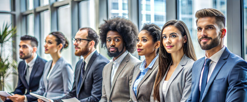 group of diverse job applicants waiting for an interview in a modern office setting