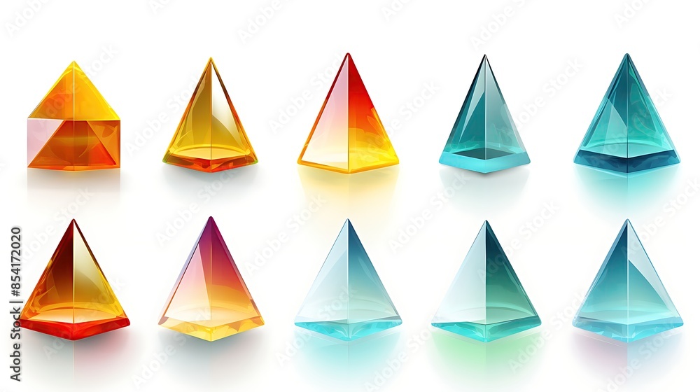 Aufkleber a set of 3d pyramids in various colors and sizes. the pyramids are made of glass and have a glossy f
