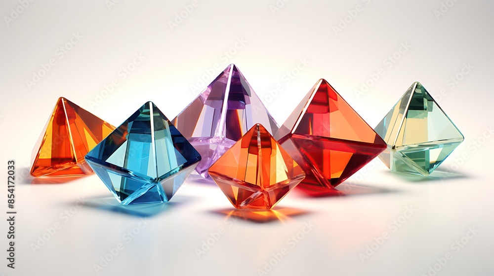 Poster 3d rendering of colorful crystal pyramids on a white background.