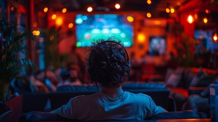 Young boy engrossed in watching a televised sports game in a dimly lit bar