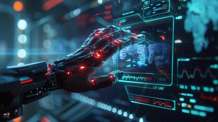 Touch of Tomorrow Human Hand and Holographic Robotic Arm Merge in Futuristic Medical Technology Display SciFi HighTech Concept with Red Glowing Points and Data Visualization on Blue Background