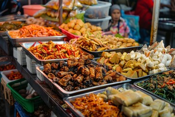 Obraz premium A variety of delicious street food dishes at a night market stall