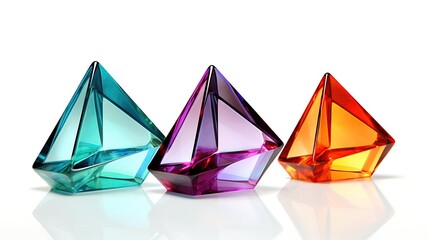 Three faceted crystal pyramids in blue, purple and orange sit side by side on a white reflective surface.