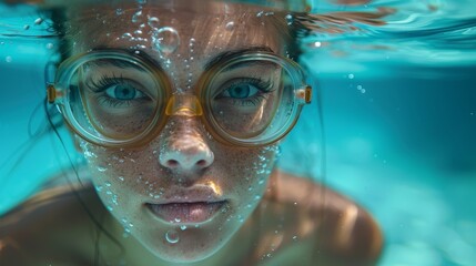 Underwater image with striking details of water droplets on a swimmer's goggles and face