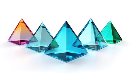 3D rendering of five pyramids of different sizes and colors.