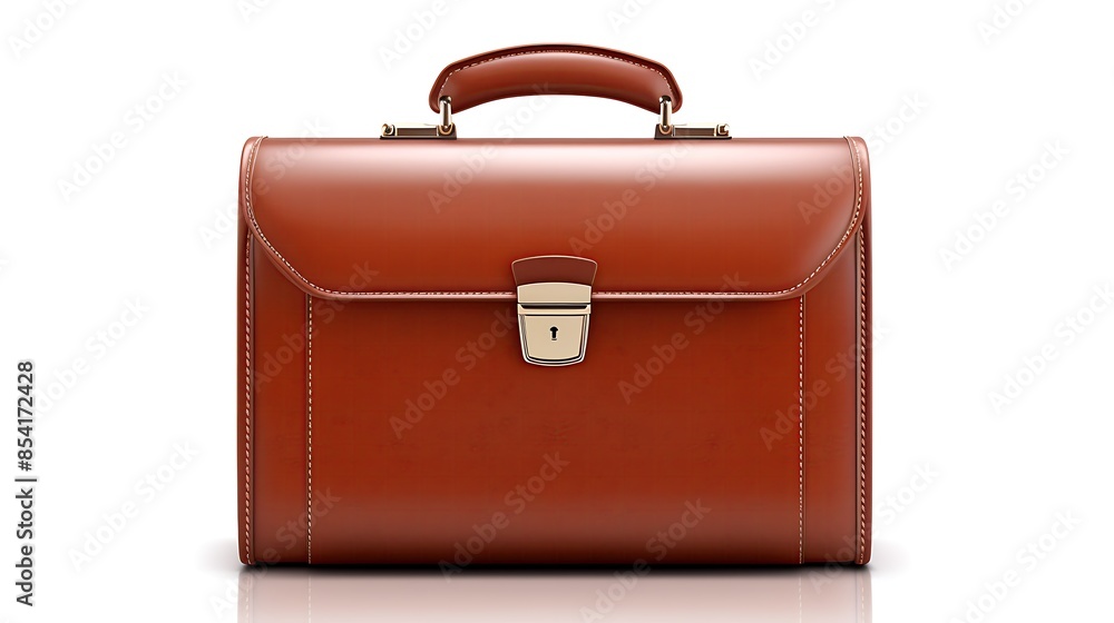 Poster 3d rendering of a brown leather briefcase with a handle and a lock. the briefcase is isolated on a w