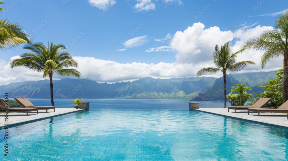 Aufkleber relaxing tropical oasis with palm trees and mountain view generative ai