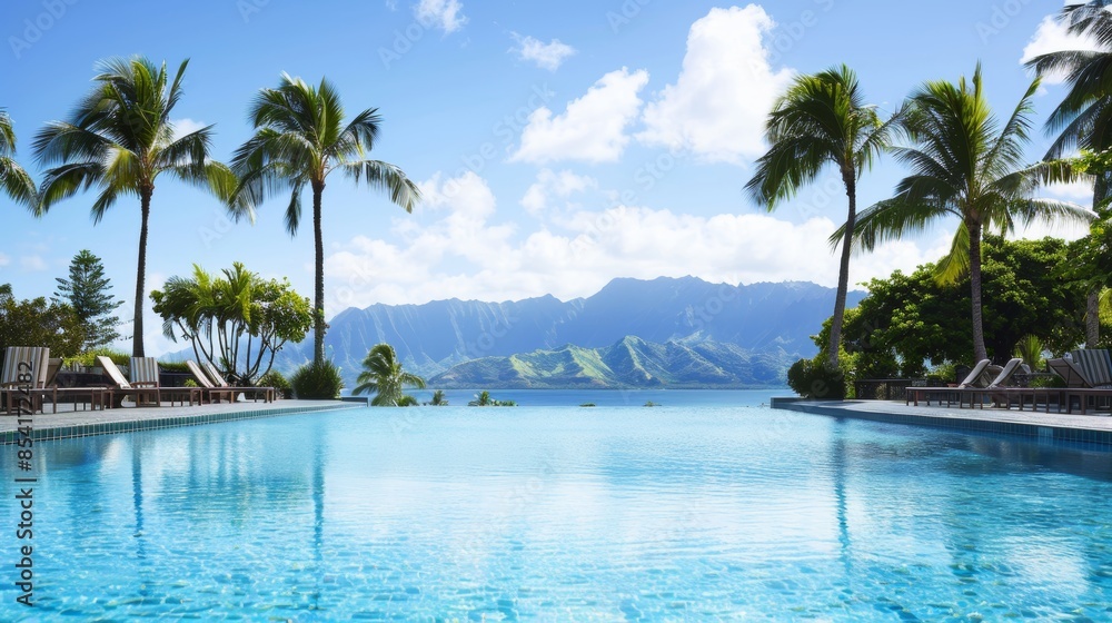 Aufkleber relaxing tropical oasis with palm trees and mountain view generative ai