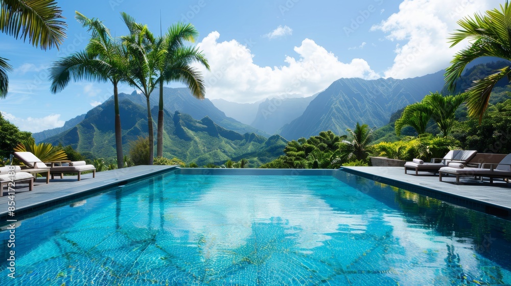 Aufkleber relaxing tropical oasis with palm trees and mountain view generative ai