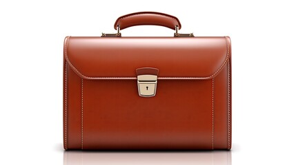 3D rendering of a brown leather briefcase with a handle and a lock. The briefcase is isolated on a white background.