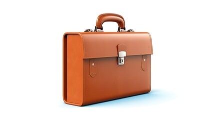 3D rendering of a brown leather briefcase with silver locks and handle. The briefcase is sitting on a white surface with a slight shadow underneath.