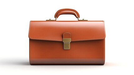 3D rendering of a brown leather briefcase with gold hardware. The briefcase is closed and sitting on a white surface.