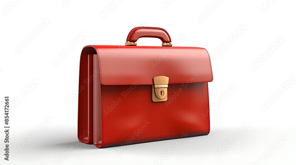 Poster red leather briefcase isolated on white background. 3d rendering of a classic business briefcase wit
