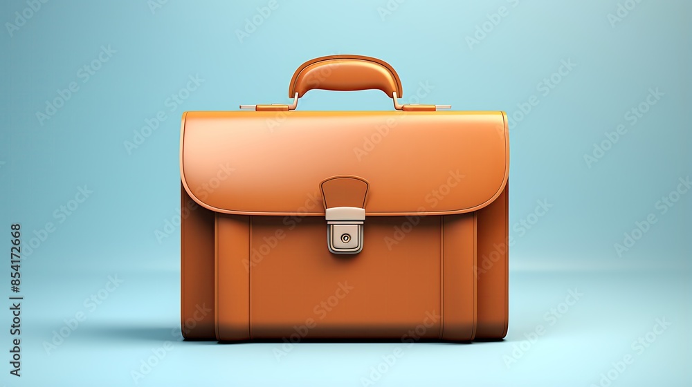 Poster 3d rendering of a brown leather briefcase with a handle and a combination lock against a pale blue b