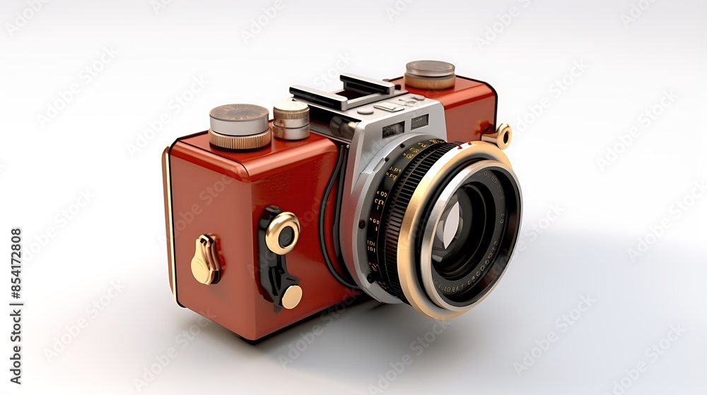 Poster this is a 3d rendering of a vintage camera. the camera is red and has a silver lens. it is isolated 