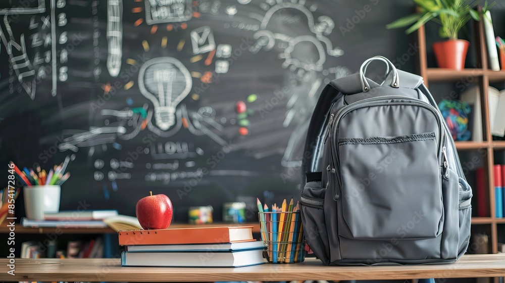 Wall mural concept of education, stationery on the school table. Back to school, with school supplies, an apple, old books and a backpack on a wooden table above the blackboard. AI generated illustration