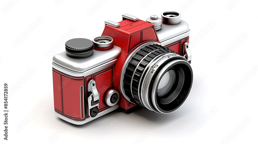 Poster a 3d rendering of a red and silver camera. the camera has a retro design and a large lens. it is iso