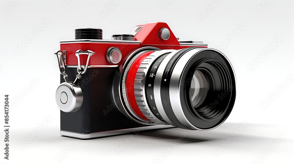 Poster this is a 3d rendering of a vintage camera. the camera is red and black with a silver lens. it is is