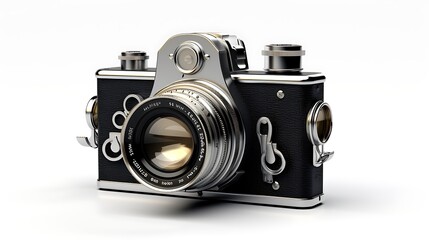 A close-up of a vintage camera with a brown leather body and silver accents. The camera is sitting on a white surface.