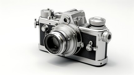 A close-up of a vintage camera with a silver body and black leather accents. The camera is in focus and there is a slight blur on the background.