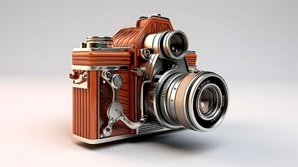 This is a 3D rendering of a vintage camera. The camera is made of wood and metal, and has a brown finish. The camera is sitting on a white surface.