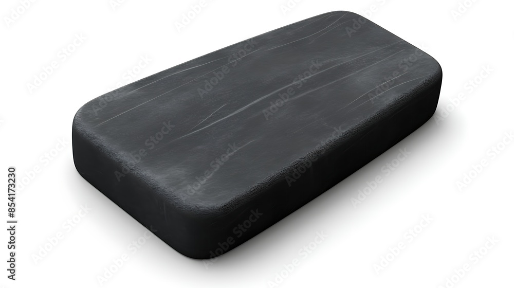 Poster a solid block of black modeling clay sits on a white surface. the clay is smooth and has a slightly 