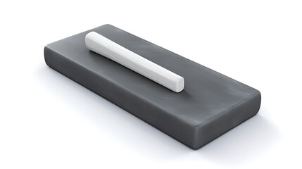 A simple 3D rendering of a gray stone with a white stick on it. The stone is smooth and flat, and the stick is round and has a pointed end.